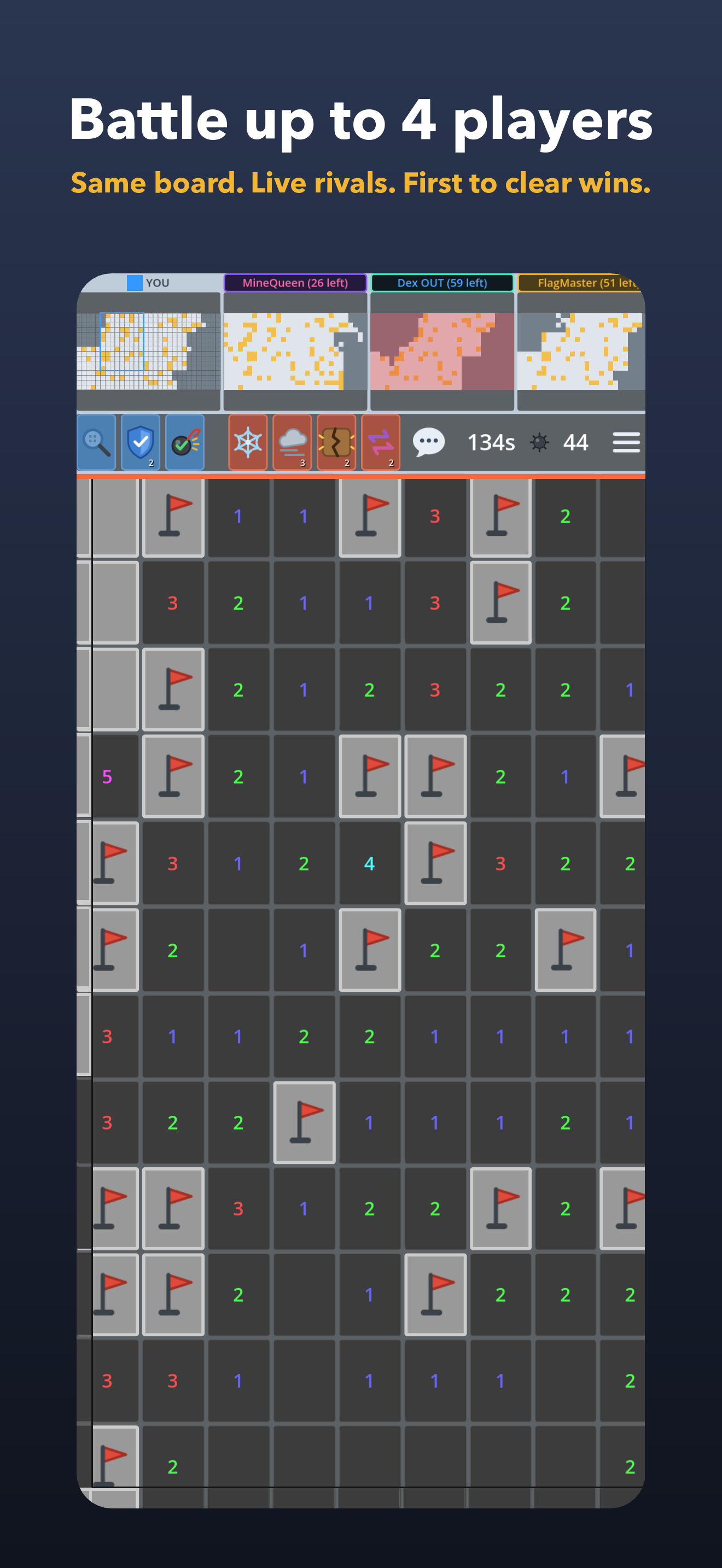 A four-player match with live opponent minimaps and a bar of weapons