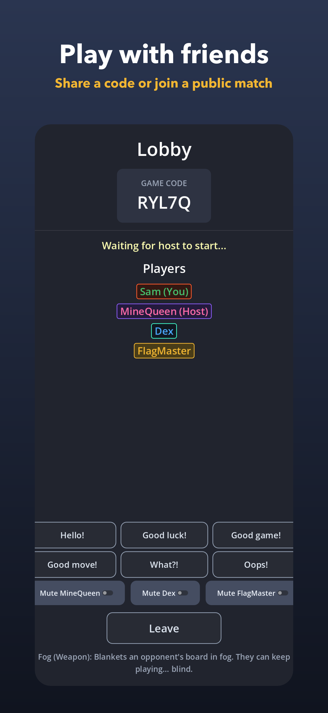 A multiplayer lobby with four players and a share code