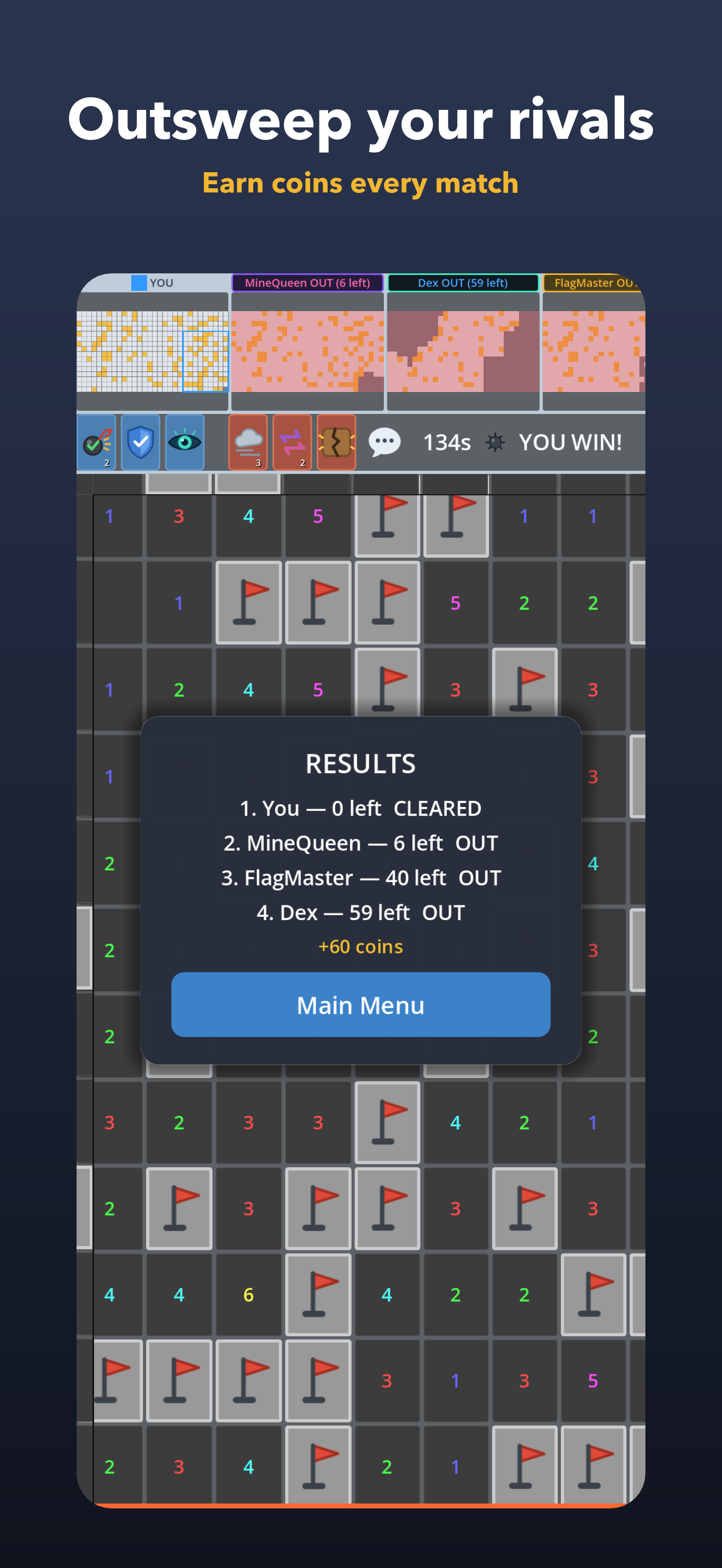 Match results showing the winner and coins earned